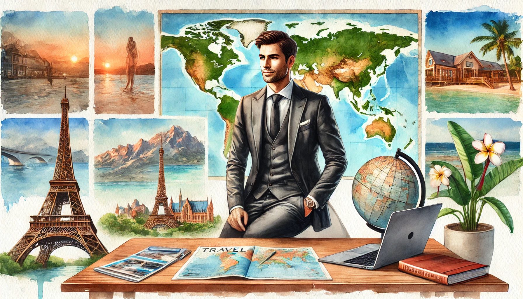 A watercolor painting of a travel business investor. The investor is a well-dressed entrepreneur sitting at a desk with a globe, travel brochures, and a laptop.