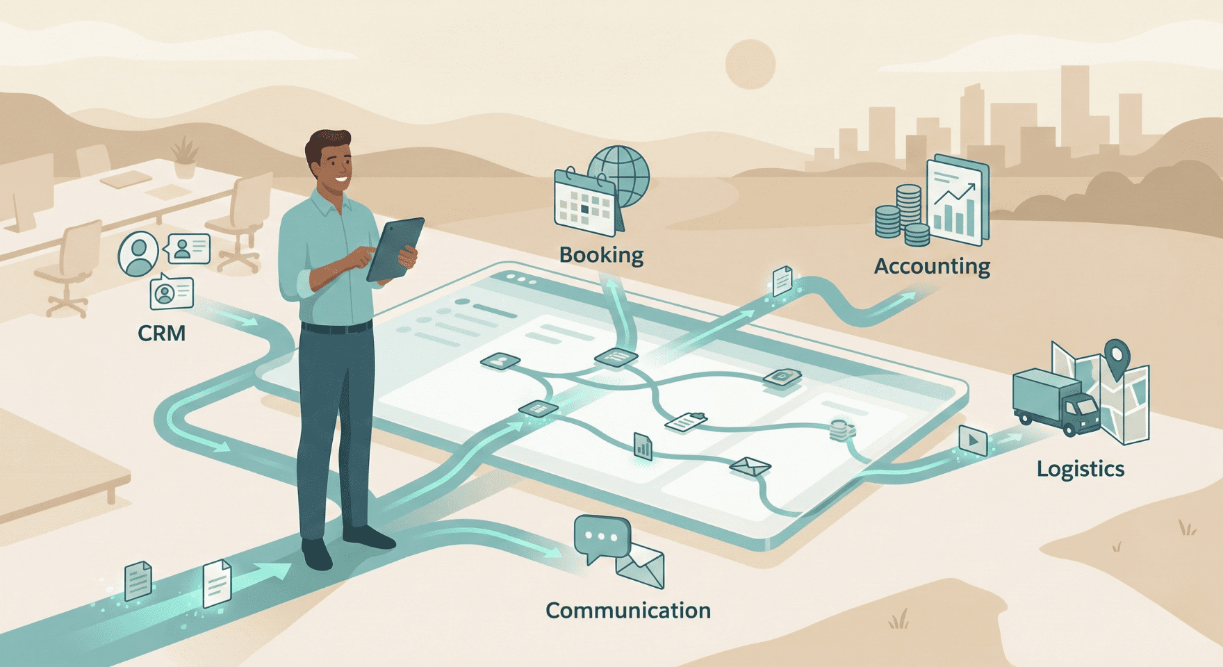 An image a clean, organized digital interface with integrated systems of a tour operator