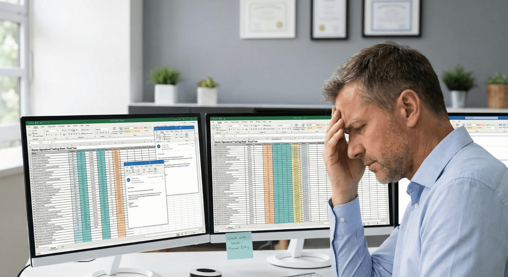 Stressed operations manager with spreadsheets and emails on multiple monitors, representing "human middleware."